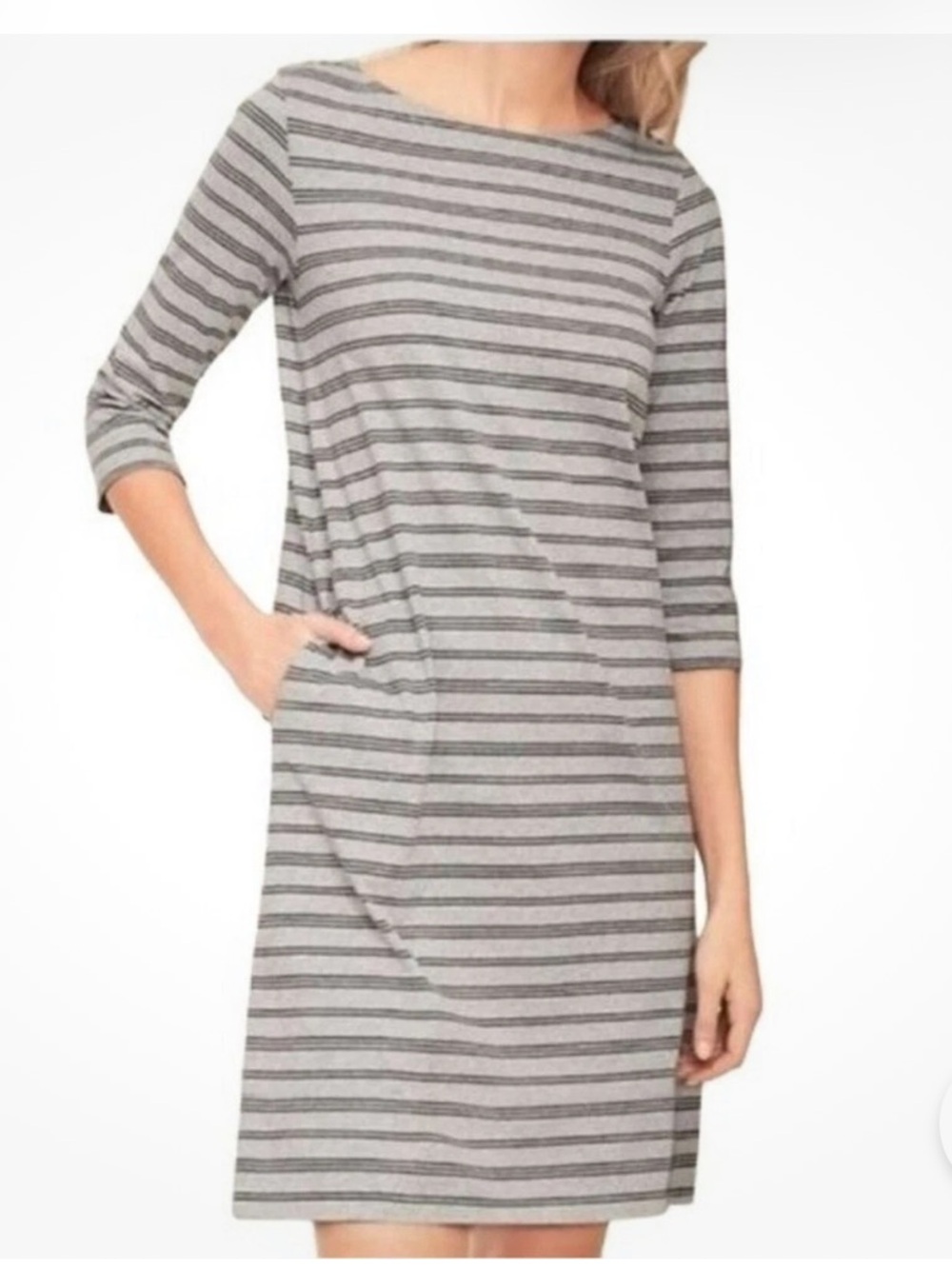 NWT Garnet Hill Striped Organic Cotton Dress 3/4 Sleeve Bateau Neck Gray Size 10